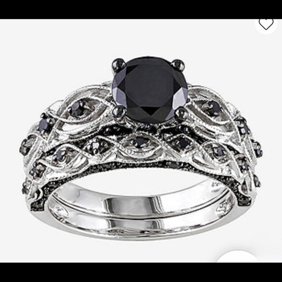 Elegant Black and Silver Wedding Ring Set - Picture 1 of 5
